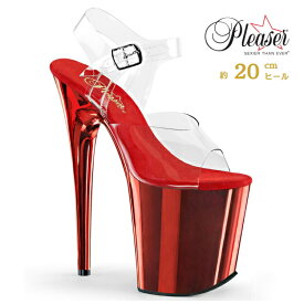 20cm ヒール 厚底 サンダル Pleaser プリーザー 大きいサイズ 小さいサイズ 超厚底 ハイヒール ピンヒール ポールダンス アンクル ストラップ 厚底サンダル クリア 赤 レッド クロム レディース メンズ 20cmヒール 20センチ ヒール FLAM808/C/RCH 即納 取寄 公式