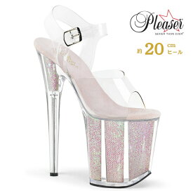 Pleaser プリーザー サンダル 20cm ヒール クリア オパール グリッター キラキラ オープントゥ アンクルストラップ ピンヒール ハイヒール クリアヒール 厚底 ポールダンス レディース メンズ 大きいサイズ 20cmヒール 20センチ ヒール FLAM808G/C/OPG 即納 取寄 公式