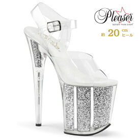20cm ヒール 厚底 キャバ サンダル Pleaser プリーザー 大きいサイズ 超厚底 ハイヒール ピンヒール クリアヒール ポールダンス アンクル ストラップ キラキラ ラメ クリア シルバー レディース メンズ 20cmヒール 20センチ ヒール フラミンゴ FLAM808G/C/S 即納 取寄 公式