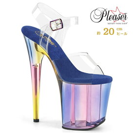 20cm ヒール 厚底 ポールダンス 用 サンダル Pleaser プリーザー 大きいサイズ 超厚底 ハイヒール ピンヒール クリアヒール マルチカラー 青 アンクルストラップ レディース メンズ 20cmヒール 20センチ ヒール フラミンゴ シューズ 靴 FLAM808HT/C/BLMCT 即納 取寄 公式