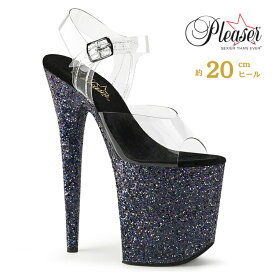 20cm ヒール 厚底 サンダル Pleaser プリーザー 大きいサイズ ハイヒール ピンヒール ポールダンス アンクル ストラップ 厚底ヒール クリア 黒 ブラック グリッター レディース メンズ 20cmヒール 20センチ ヒール フラミンゴ FLAM808LG/C/BG 即納 取寄 公式