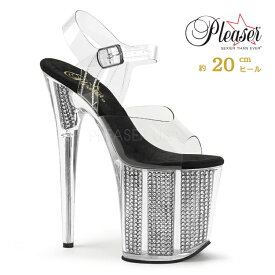 20cm ヒール サンダル 厚底 Pleaser プリーザー 大きいサイズ ハイヒール ピンヒール クリアヒール ポールダンス ストラップヒール ラインストーン クリア 黒 ブラック レディース メンズ 20cmヒール 20センチ ヒール フラミンゴ FLAM808SRS/C/B 即納 取寄 公式