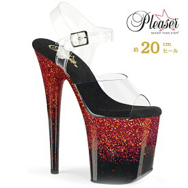 Pleaser プリーザー サンダル 20cm ヒール 透明 クリア 赤 レッド 黒 ブラック グリッター キラキラ きらきら ストラップ ピンヒール ハイヒール 厚底 ポールダンス レディース メンズ 大きいサイズ 20cmヒール 20センチ ヒール フラミンゴ FLAM808SS/C-B-RG 即納 取寄 公式
