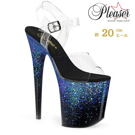 20cm ヒール 厚底 キャバ サンダル Pleaser プリーザー 大きいサイズ 小さいサイズ ハイヒール ピンヒール ポールダンス ストラップ アンクル ストラップ ホログラム クリア 黒 ブラック 青 ブルー グリッター フラミンゴ FLAMINGO-808SS FLAM808SS/C/B-BLUG 即納 取寄 公式
