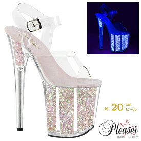 Pleaser プリーザー サンダル 20cm ヒール クリア ネオン オパール グリッター 蛍光色 キラキラ ピンヒール ハイヒール クリアヒール 厚底 ポールダンス レディース メンズ 大きいサイズ 20cmヒール 20センチ ヒール フラミンゴ FLAM808UVG/C/NOPG 即納 取寄 公式