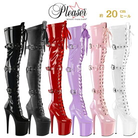 Pleaser プリーザー ニーハイブーツ サイハイブーツ ロングブーツ 厚底 20cm ヒール 黒 ブラック 赤 ピンク 白 ホワイト エナメル つや消し 編み上げ 大きいサイズ ポールダンス 厚底ブーツ 20cmヒール 20センチヒール フラミンゴ FLAMINGO-3028 即納 取寄 公式
