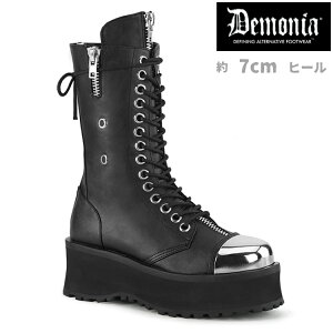 demonia デモニア 厚底 ブーツ ミドルブーツ ショートブーツ 厚底 7cm ヒール 黒 ブラック 合皮 クロム メタル トゥキャップ 編み上げ ジッパー 小さいサイズ 大きいサイズ 厚底靴 ロック パンク