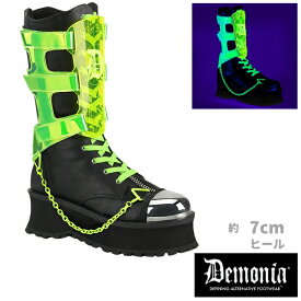 demonia デモニア 厚底 ブーツ ミドルブーツ ショートブーツ メンズ 男女兼用 7cm ヒール 黒 ブラック 蛍光色 グリーン 編み上げ チェーン メッキ メタル ジッパー 大きいサイズ サイバー ライブ 野外 フェス ファッション 靴 GRAVEDIGGER-255 GRAD255/BVL-NGN 取寄