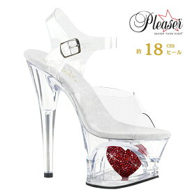 Pleaser プリーザー クリアヒール サンダル ハート 厚底 18cm ヒール アンクルベルト ラインストーン クリア 赤 レッド 大きいサイズ 小さいサイズ レディース メンズ シューズ 22cm 23cm 24cm 25cm 26cm 27cm MOON-708HRS MOON708HRS/C/C-R 即納 取寄 公式