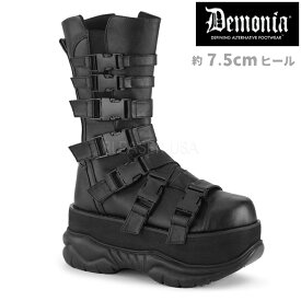 demonia デモニア 厚底 ブーツ ショートブーツ ミドルブーツ 8cm ヒール 黒 ブラック つや消し 厚底ブーツ メンズブーツ バックル ストラップ ベルト ジッパー 大きいサイズ 厚底靴 V系 ブーツ ゴスロリ ゴス パンク 原宿系 メンズ NEPTUNE-210 NEP210/BVL 即納 取寄 公式