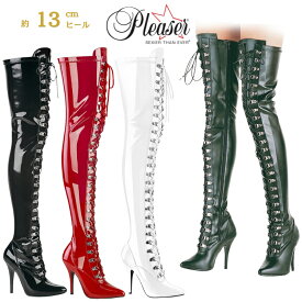 Pleaser プリーザー サイハイブーツ ニーハイブーツ 黒 赤 白 エナメル 合皮 ブーツ 大きいサイズ 小さいサイズ 13cm ヒール ハイヒール ピンヒール 編み上げ 女性 男性 用 コスプレ 衣装 コスチューム コス 靴 SED3024/B 即納 取寄 公式