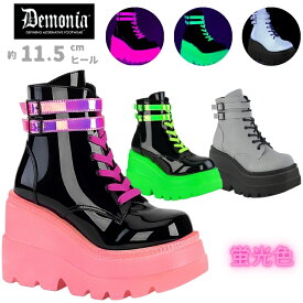demonia デモニア サイバー 厚底 ブーツ 厚底 ショートブーツ レディース メンズ 11.5cm ヒール 蛍光色 ウェッジソール 編み上げ 黒 エナメル ピンク 緑 グリーン グレー 大きいサイズ パンク ファッション 野外 フェス ライブ 用 靴 シューズ SHAKER-52 取寄