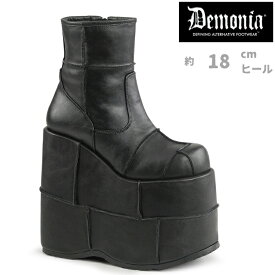 demonia デモニア 厚底 ブーツ ショートブーツ 厚底 ウェッジソール 18cm ヒール 黒 ブラック 合皮 フェイクレザー パッチワークデザイン ジッパー 大きいサイズ アンクルブーツ 厚底靴 パンク ゴシック ファッション 靴 メンズ STACK-201 STA201/BVL 即納 取寄 公式
