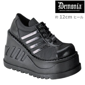 demonia デモニア 厚底 スニーカー ハイソール レディース メンズ 12cm ヒール ウェッジソール 黒 ブラック つや消し 編み上げ ダッドスニーカー ダッドシューズ 大きいサイズ ボリュームスニーカー 韓国 ライブ 用 靴 シューズ STOMP-08 STO08/B/PU 即納 取寄 公式