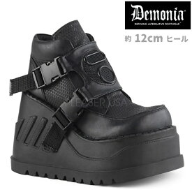 demonia デモニア 厚底 スニーカー ハイカット 黒 ブラック つや消し ハイソール レディース メンズ 12cm ヒール ウェッジソール ダッドスニーカー 黒 ブラック つや消し 大きいサイズ ボリュームスニーカー 韓国 ダンス シューズ 靴 STOMP-15 STO15/BVL 即納 取寄 公式