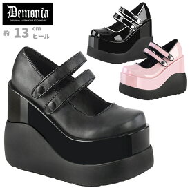 demonia デモニア パンプス 厚底 ウェッジソール 13cm ヒール 黒 ブラック ピンク エナメル ダブルストラップ 大きいサイズ 厚底靴 パンク V系 ゴシック ゴスロリ 原宿系 ファッション コーデ コスプレ 衣装 靴 レディース メンズ 兼用 シューズ VOID-37 取寄 公式