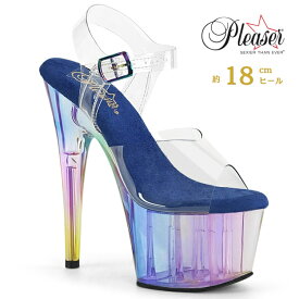 Pleaser プリーザー ヒール 18cm サンダル 厚底 ポールダンス 用 ヒール キャバ サンダル 大きいサイズ 対応 クリア 青 ホログラム レディース メンズ 女性 男性 18センチ ヒール ストラップ ハイヒール ピンヒール 靴 シューズ ADORE-708HT ADO708HT/C/BLMCT 取寄
