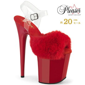Pleaser FLAMINGO-808FUR プリーザー ヒール 20cm 厚底 サンダル ファー 付 クリア アンクルストラップ 大きいサイズ 対応 赤 レッド ファー レディース メンズ 女性 男性 20センチ ヒール ハイヒール ピンヒール ドレス ステージ ポールダンス 用 フラミンゴ 取寄