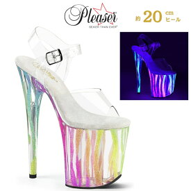 Pleaser FLAMINGO-808RG-03 プリーザー ヒール 20cm 厚底 サンダル ポールダンス 用 ヒール クリア アンクルストラップ 大きいサイズ 対応 レインボー マルチカラー ネオンカラー 蛍光色 グリッター ラメ 20センチ ヒール ハイヒール ピンヒール フラミンゴ 取寄