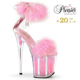 Pleaser FLAMINGO-824F プリーザー ヒール 20cm 厚底 サンダル ファー 付 ヒール 大きいサイズ 対応 ピンク ベビーピンク クリア ファー レディース メンズ 女性 男性 20センチ ヒール ふさふさ ハイヒール ピンヒール ポールダンス 用 フラミンゴ 取寄