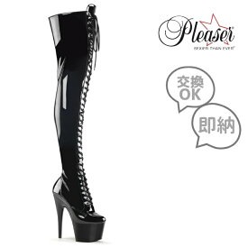 Pleaser プリーザー ニーハイブーツ サイハイブーツ レディース メンズ 18cm ヒール ピンヒール 厚底 黒 ブラック エナメル 編み上げ レースアップ サイドジッパー 女性 男性 用 ハイヒール 大きいサイズ ポールダンス 18センチ ヒール ADORE-3023 ADO3023/B/M 即納 取寄