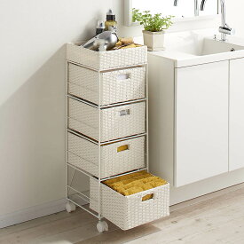 ラタン調バスケットワゴン 幅30.5cm 洗面所収納 隙間収納 トイレ 洗面所 ランドリー収納 587614
