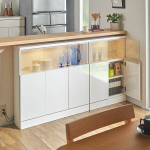 【完成品】LED付きギャラリー収納本棚 幅90奥行20cm 3枚扉タイプ キッチンカウンター下収納 キッチン収納 530306