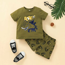 【在庫一掃セール】30％OFF 恐竜 キッズファッション ティラノサウルス セットアップ カーキ グリーン 半袖 半ズボン ダイナソー デザイン プレゼント 男の子 女の子 dfh097