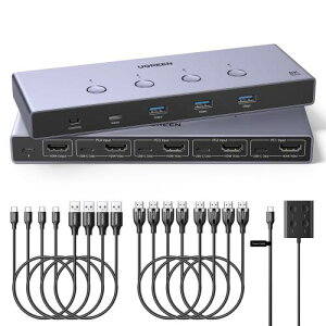 UGREEN HDMI2.1 KVM�ؑ֊� 4����1�o�� 8K60Hz 4K240Hz USB3.0 4��PC���L �P�[�u���R���g���[���t��