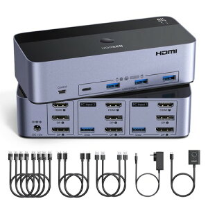 UGREEN HDMI+DP KVM�ؑ֊� 2����3�o�� 8K60Hz 3���j�^�[�Ή� USB3.0 4�|�[�g ��d�ؑ֕��� �}���`OS���S�Ή�
