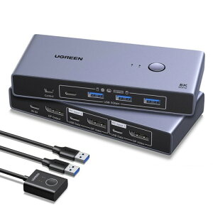 UGREEN DP1.4 KVM�ؑ֊� 2����1�o�� 8K60Hz 4K240Hz USB3.0(A3+C1) 2��PC���L �P�[�u��4�{����