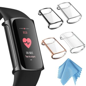 Fintie for Fitbit Charge 6 / 5 �P�[�X �\�t�g TPU ���b�L �X�N���[���J�o�[ �S�ʕی�o���p�[ �V�F�� �E���ȒP �ϏՌ��� �t�B�b�g�r�b�g �ی�J�o�[ 4�Z�b�g �V���o�[/ �N���A