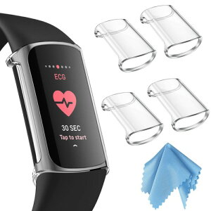 Fintie for Fitbit Charge 6 / 5 �P�[�X �\�t�g TPU ���b�L �X�N���[���J�o�[ �S�ʕی�o���p�[ �V�F�� �E���ȒP �ϏՌ��� �t�B�b�g�r�b�g �ی�J�o�[ 4�Z�b�g �V���o�[/ �N���A