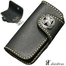 【diosbras-ディオブラス-】本革サドルレザー　4連キーケース/ブラック　黒　牛革 バイカーズアイテム　コンチョ　ヌメ革　シルバー925【SA】