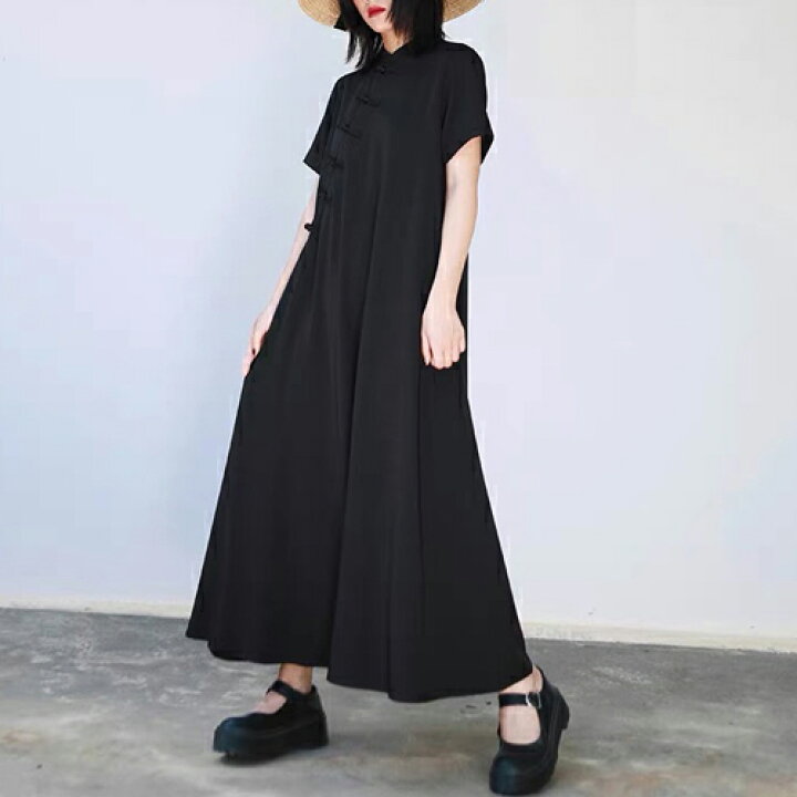 楽天市場】チャイナカラー ハイネック 半袖 ロング ワンピース  