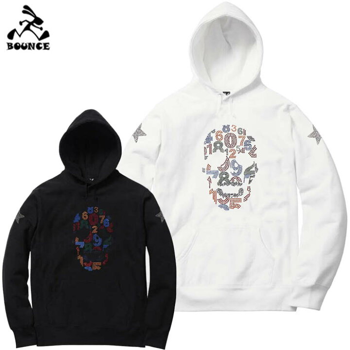 楽天市場 送料無料 Bounce バウンス Number Skull 数字ドクロ ラインストーンロゴ ブラック ホワイト フードパーカー 綿100 スウェットメンズ トップス かっこいい おしゃれ 人気 ブランド 大きい ビッグサイズ ストリート系 Italy Disco J ストリート