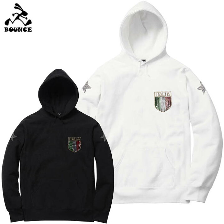楽天市場 送料無料 Bounce バウンス Italy Mark イタリア マーク ラインストーンロゴ ブラック ホワイト フードパーカー 綿100 スウェットメンズ トップス かっこいい おしゃれ 人気 ブランド 大きい ビッグサイズ ストリート系 Italy Disco J ストリート