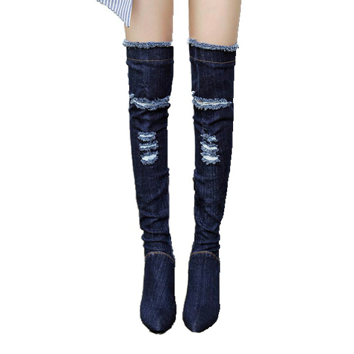 楽天市場】DIVAセレクト デニム ダメージ加工 ニーハイ ブーツ 女性 