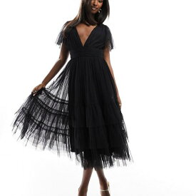 Lace & Beads レース & ビーズ ブライズメイド マディソン V ネック チュール ミディ ドレス (ブラック) ワンピース レディース 女性 インポートブランド 小さいサイズから大きいサイズまで