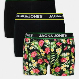 ジャックアンドジョーンズ Jack & Jones Jack & Jones 3 パック トランク、ブラックの花柄プリント 下着 メンズ 男性 インポートブランド 小さいサイズから大きいサイズまで