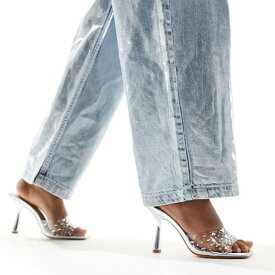 Public Desire ワイド フィット シェリー ミッドヒール サンダル、シルバーのクリア装飾ストラップ付き 靴 レディース 女性 インポートブランド 小さいサイズから大きいサイズまで