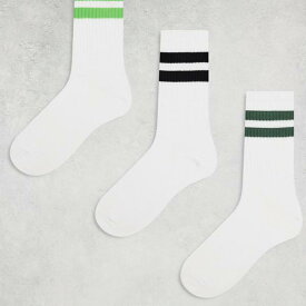 ウィークデイ Weekday ウィークデイ ストライプ スポーツ ソックス 3 パック、白、黒と緑のストライプ 靴下 メンズ 男性 インポートブランド
