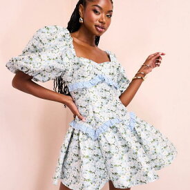 ASOS LUXE ジャカード パフスリーブ スケーター ミニドレス、ブルー フローラル プリントの刺繍トリム付き ワンピース レディース 女性 インポートブランド 小さいサイズから大きいサイズまで