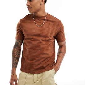 エイソス ASOS asos ASOS DESIGN ストライプ柄ブラウンTシャツ トップス メンズ 男性 インポートブランド 小さいサイズから大きいサイズまで