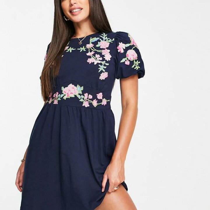 楽天市場 エイソス Asos Asos Asosdesignネイビーのパフスリーブとクロスステッチの刺繍が施されたトールミニドレス ワンピース レディース 女性 インポートブランド 小さいサイズから大きいサイズまで セレクトショップ Diva Closet