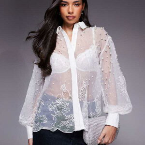 ASOS LUXE �I�[�K���W�[�ƃ��[�X�̃~�b�N�X�A�p�[�������t���V���c�i�z���C�g�j �g�b�v�X ���f�B�[�X ���� �C���|�[�g�u�����h �������T�C�Y����傫���T�C�Y�܂�