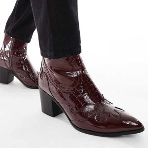 エイソス ASOS asos ASOS DESIGNのウエスタンディテールが施されたバーガンディのパテントヒールチェルシーブーツ 靴 メンズ 男性 インポートブランド 小さいサイズから大きいサイズまで