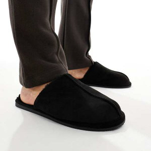 エイソス ASOS asos ASOS DESIGNのブラックのミュールスリッパ(フェイクシアリングの裏地付き) 靴 メンズ 男性 インポートブランド 小さいサイズから大きいサイズまで