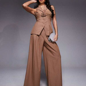 ASOS LUXE �R�[�f�����C ���C�h���b�O �g���E�U�[�Y�i�u���E�� �s���X�g���C�v�A�V���[�����O�E�G�X�g�o���h�f�B�e�[���j �p���c �{�g�� ���f�B�[�X ���� �C���|�[�g�u�����h �������T�C�Y��