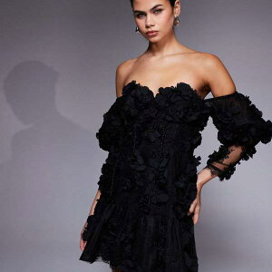 ASOS LUXE 3D�t���[���������I�t�V�����_�[�p�t�X���[�u�~�j�h���X�i�u���b�N�j �����s�[�X ���f�B�[�X ���� �C���|�[�g�u�����h �������T�C�Y����傫���T�C�Y�܂�